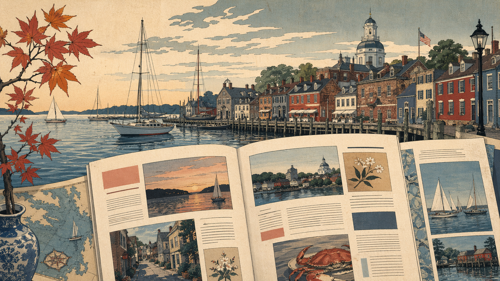 日本木版画風で描かれたガイドページを象徴する港町の情景