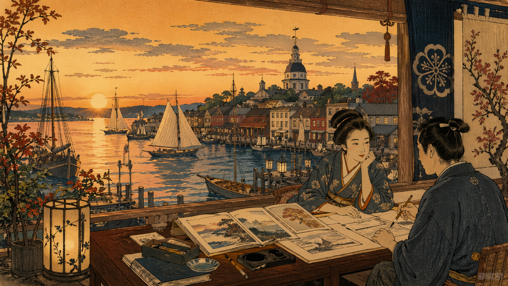 日本木版画風で描かれたメリーランドの港と編集的パートナーシップを象徴するビジュアル