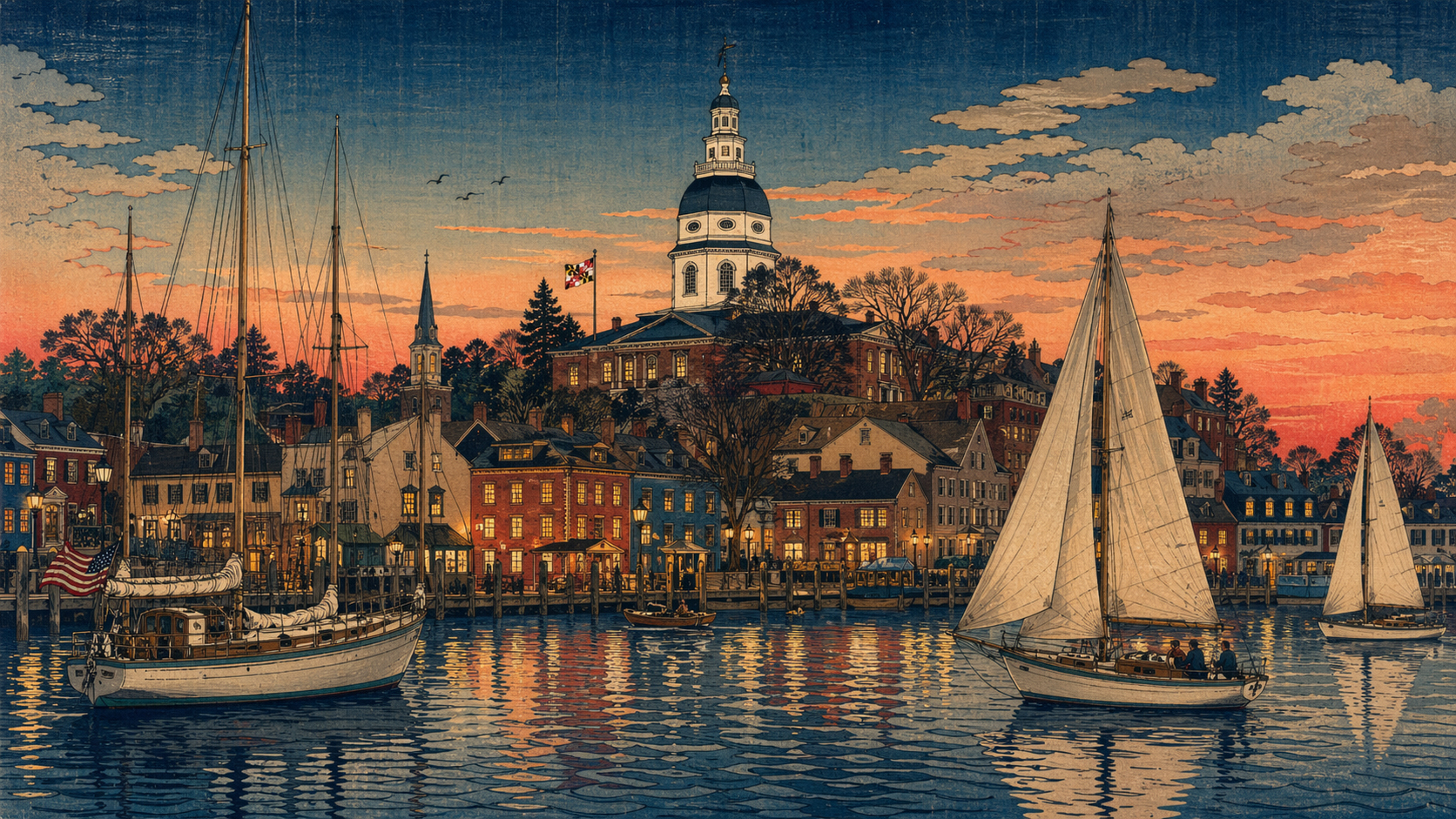 州議事堂と港、夕暮れのアナポリス