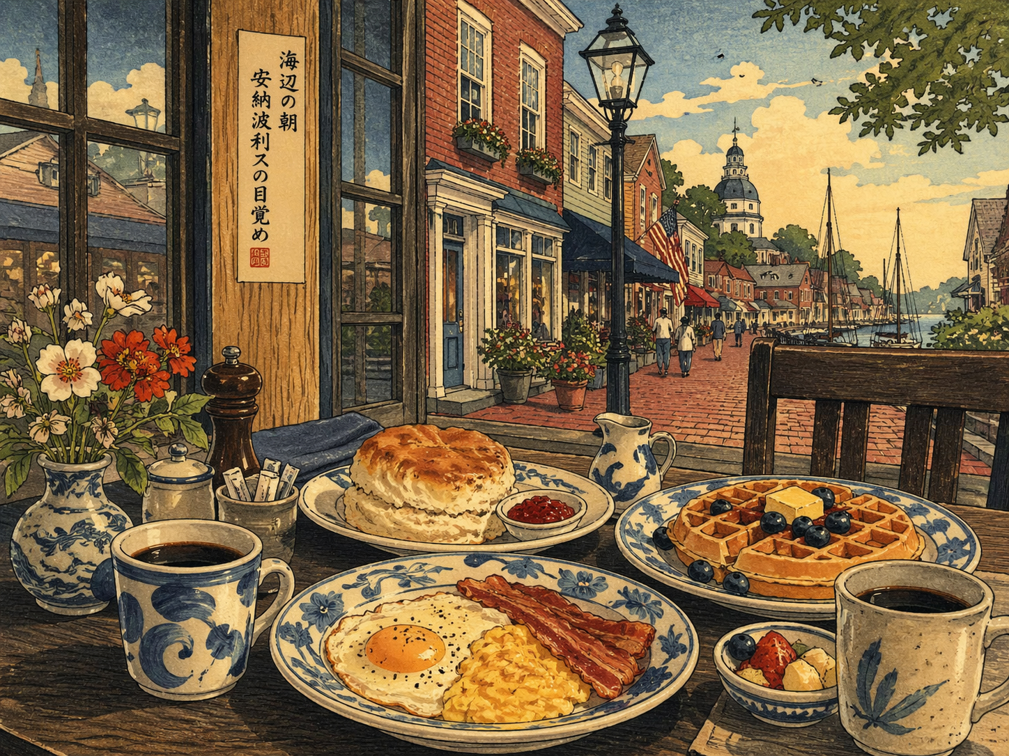 日本木版画風で描かれたマーケットスペースの朝食店