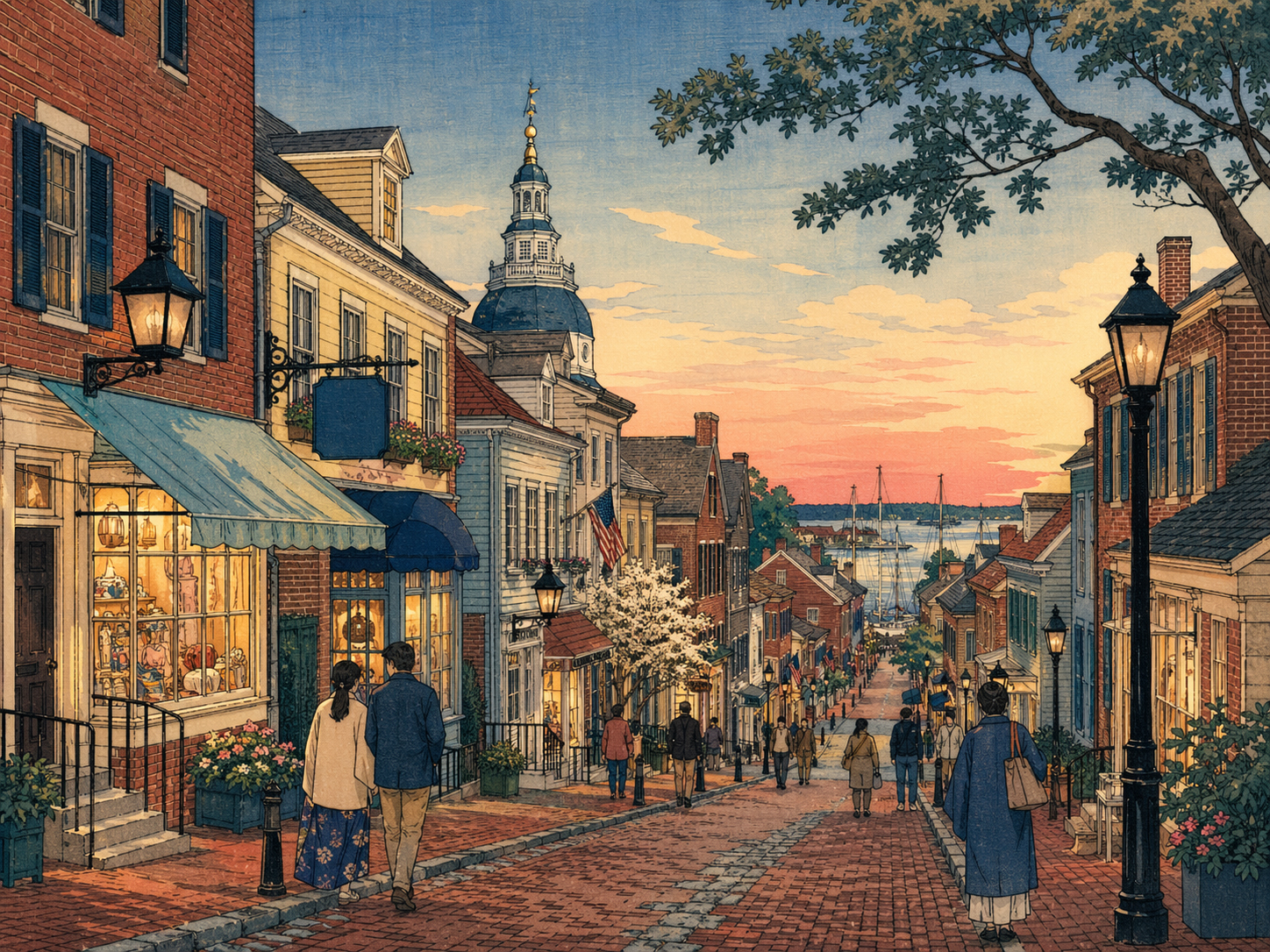 日本木版画風で描かれたメインストリートの店並み