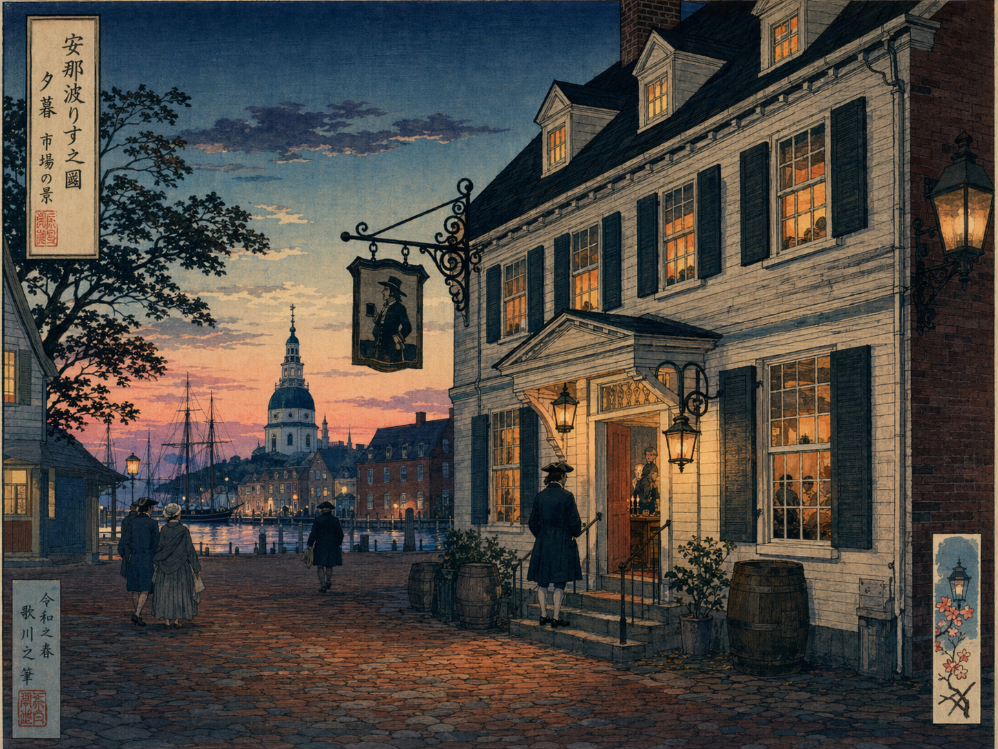 日本木版画風で描かれたマーケットスペースの歴史的タバーン