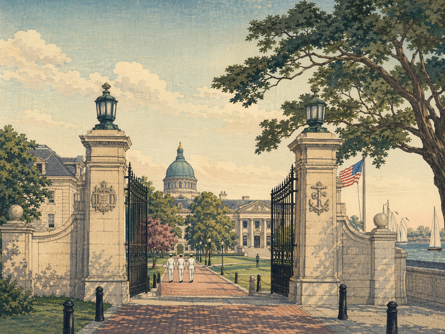 日本木版画風で描かれた海軍兵学校の古典建築と門
