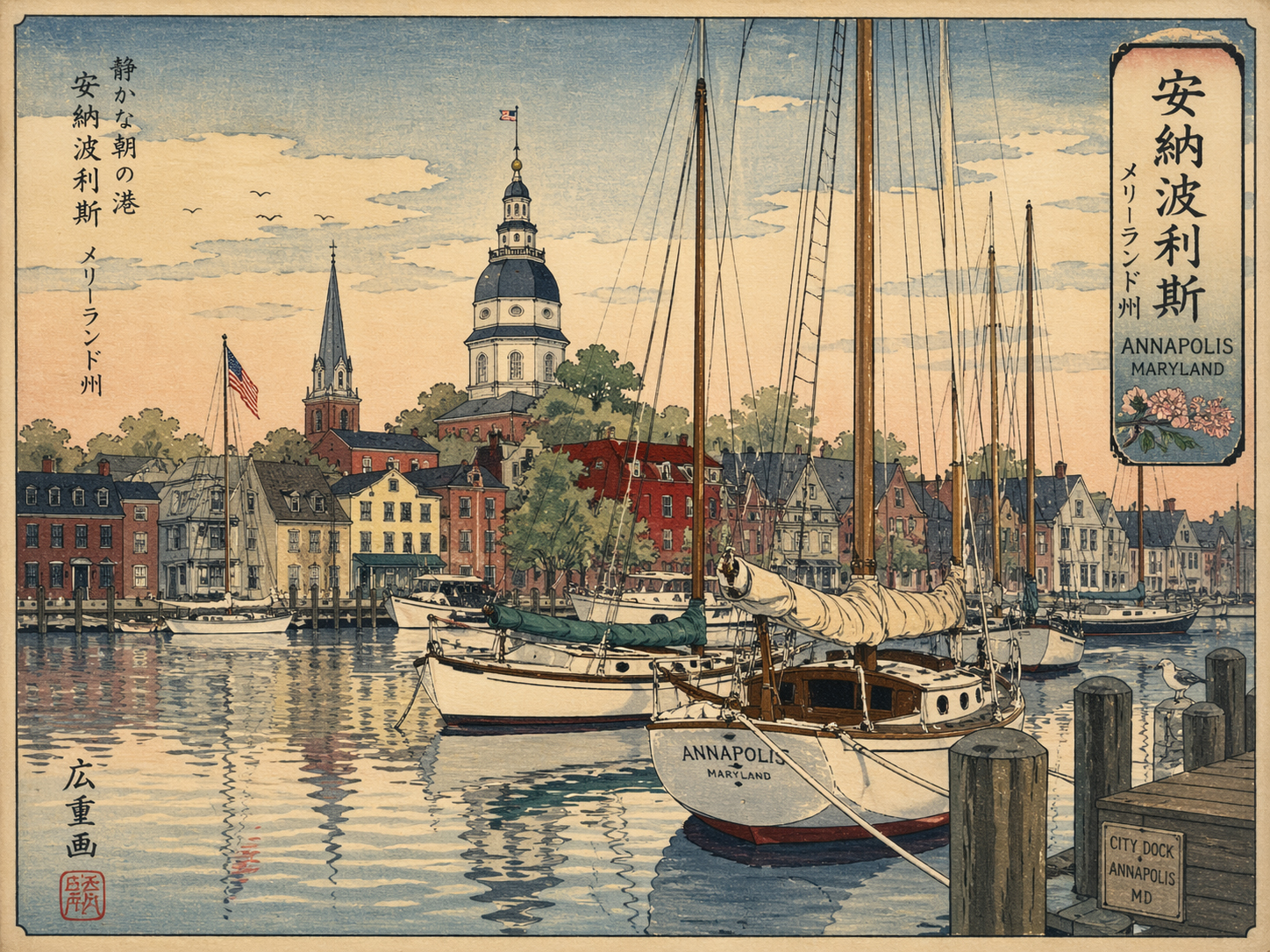 日本木版画風で描かれた穏やかな朝のアナポリスの帆船マリーナ