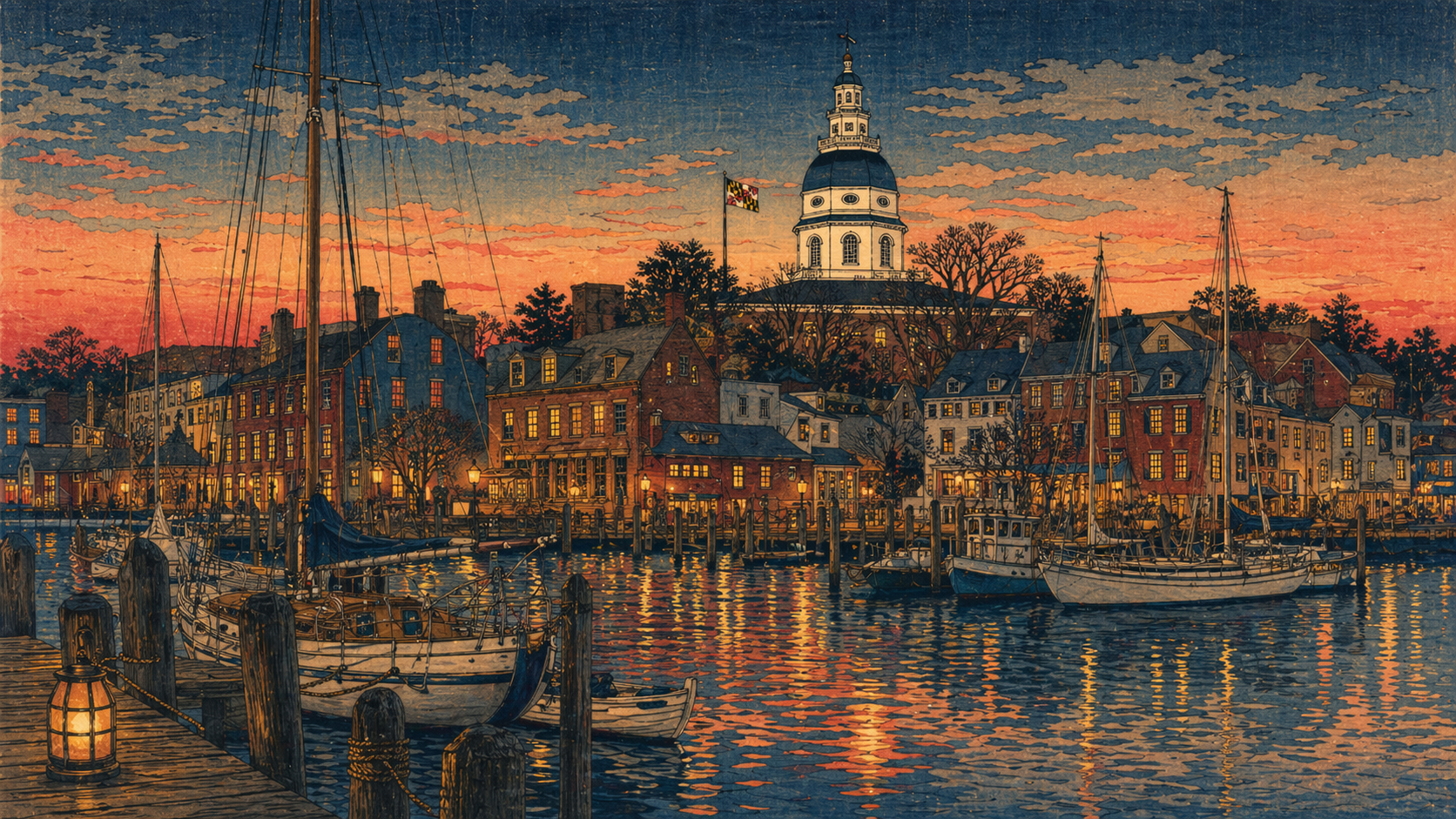 シティ・ドックの反映、夜へ向かう州都