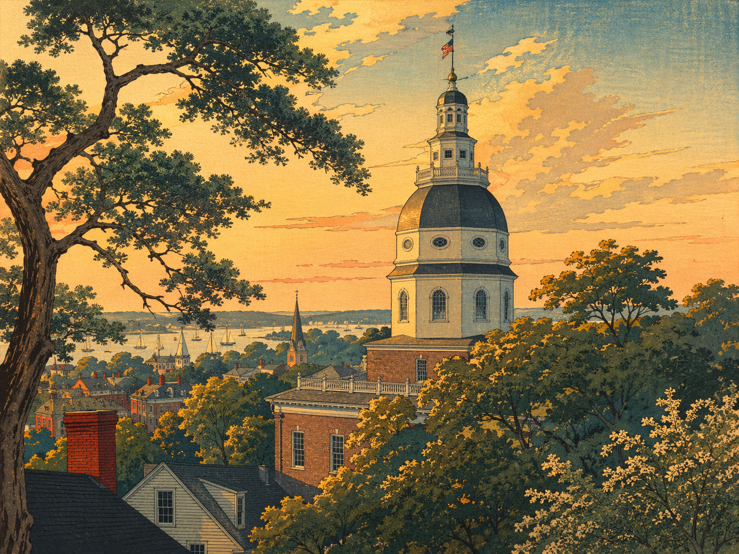 日本木版画風で描かれた木々越しのメリーランド州議事堂