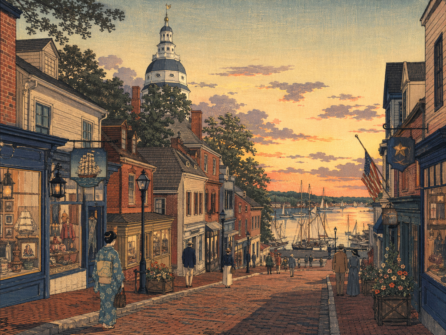 日本木版画風で描かれたメインストリートからシティドックへ続くアナポリスの散歩風景