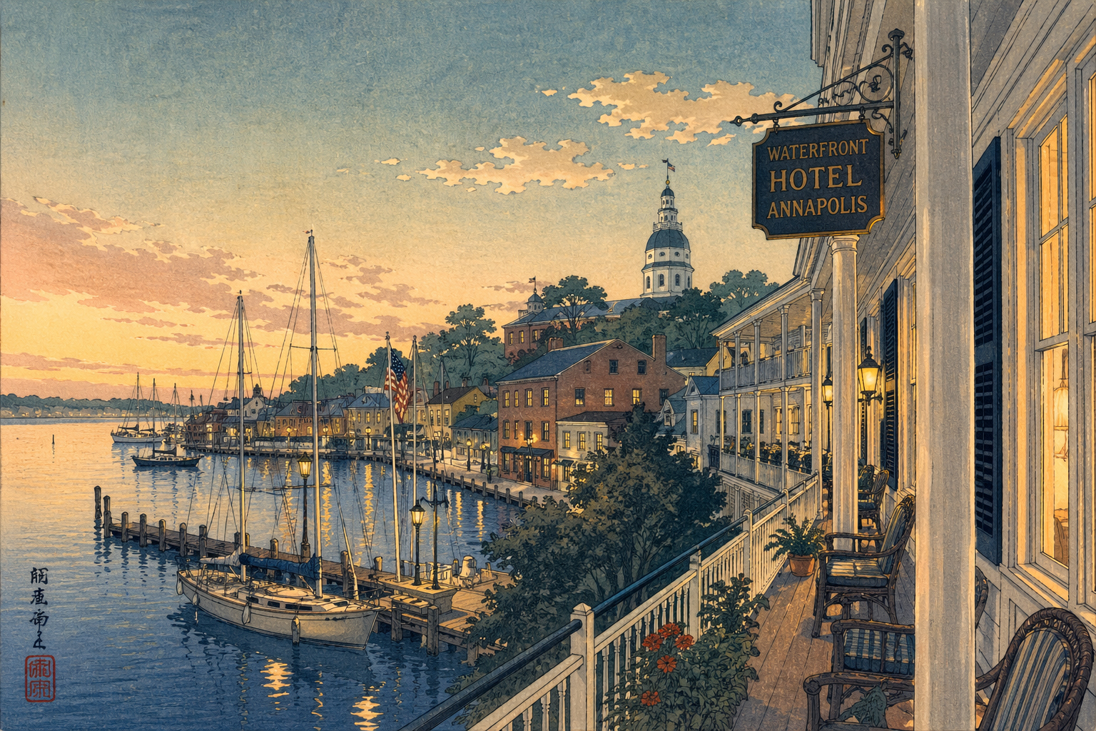 日本木版画風で描かれたアナポリスの水辺ホテル