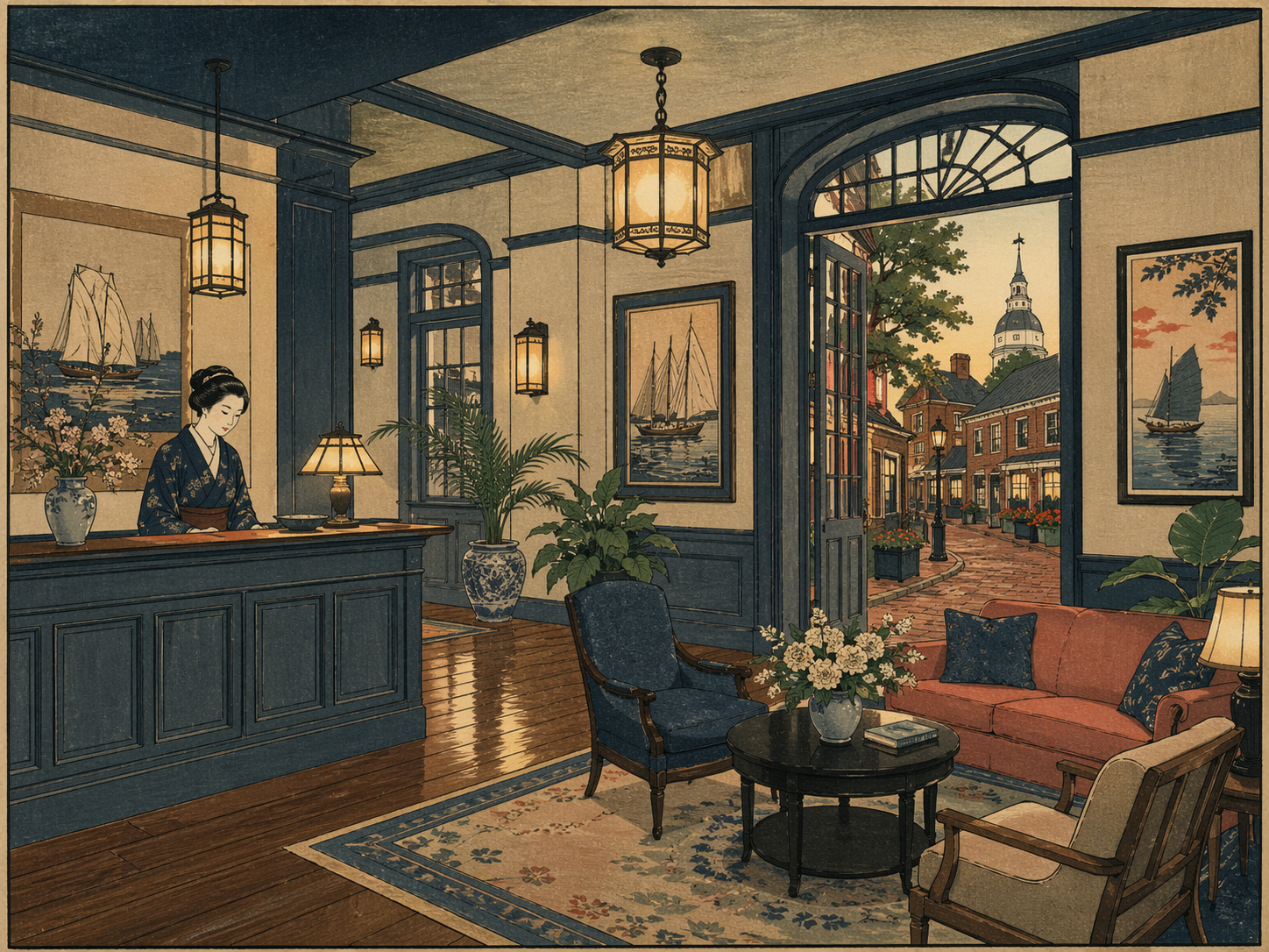 日本木版画風で描かれたウェストストリートのブティックホテル