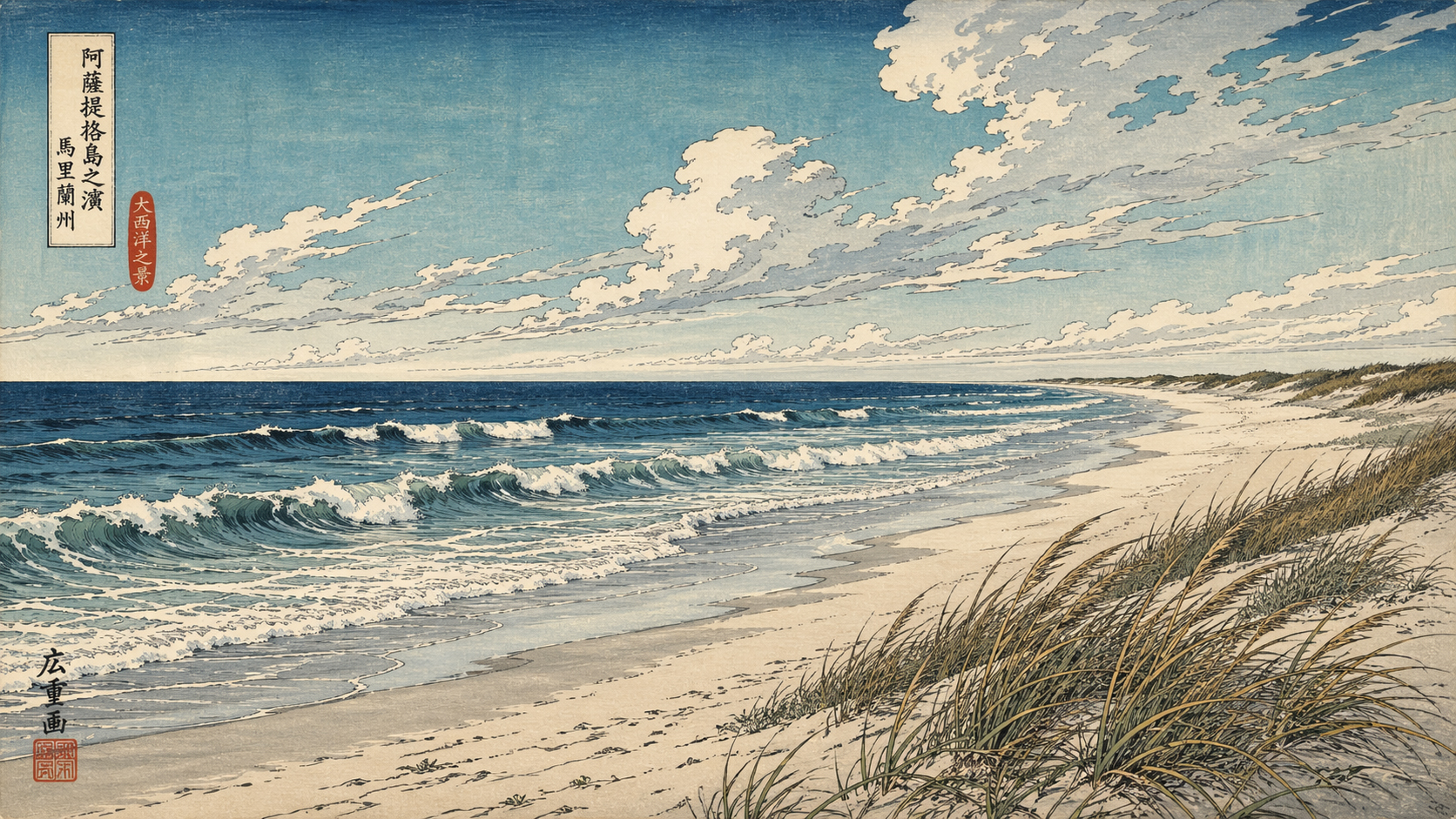 日本木版画風で描かれたアサティーグの大西洋側の海岸