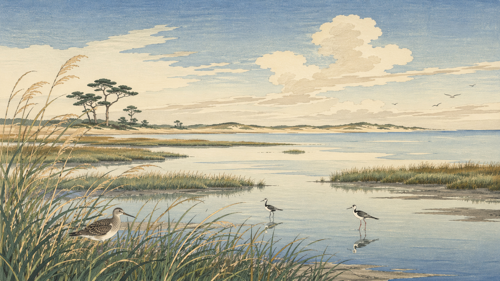 日本木版画風で描かれたアサティーグ湾側の湿地と鳥