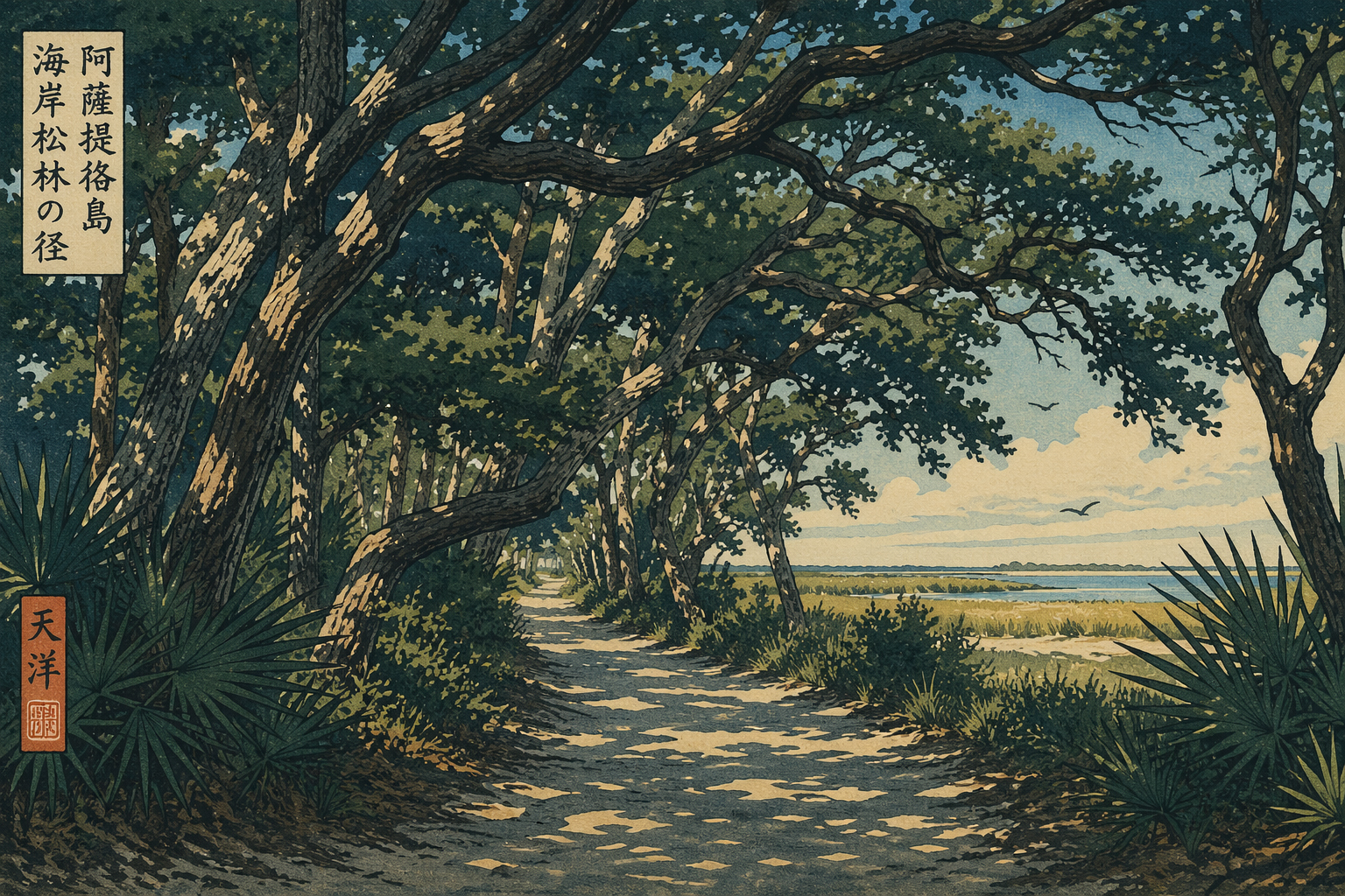 日本木版画風で描かれたアサティーグの海浜林の小道