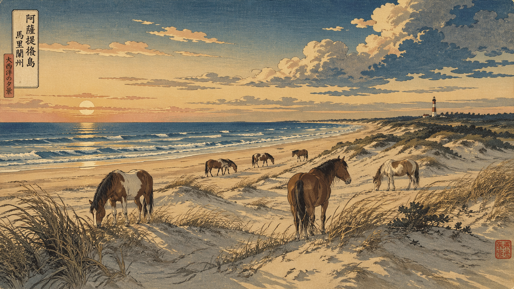 長い光の砂丘、馬たちの海岸