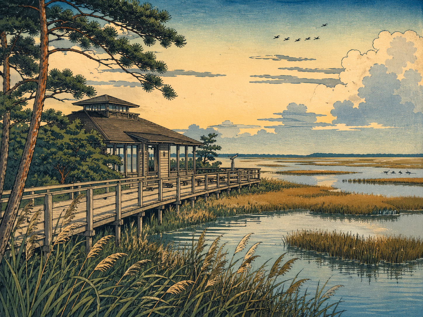 日本木版画風で描かれたアサティーグのビジターセンター