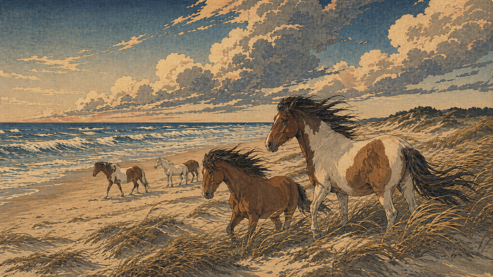 浜風の中の野生馬