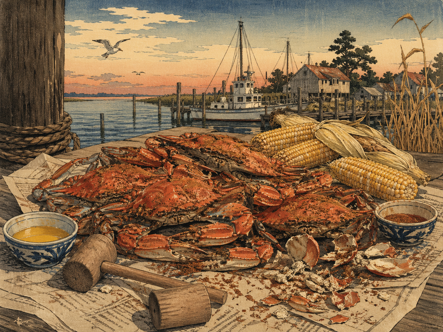 日本木版画風で描かれた新聞紙の上のブルークラブ