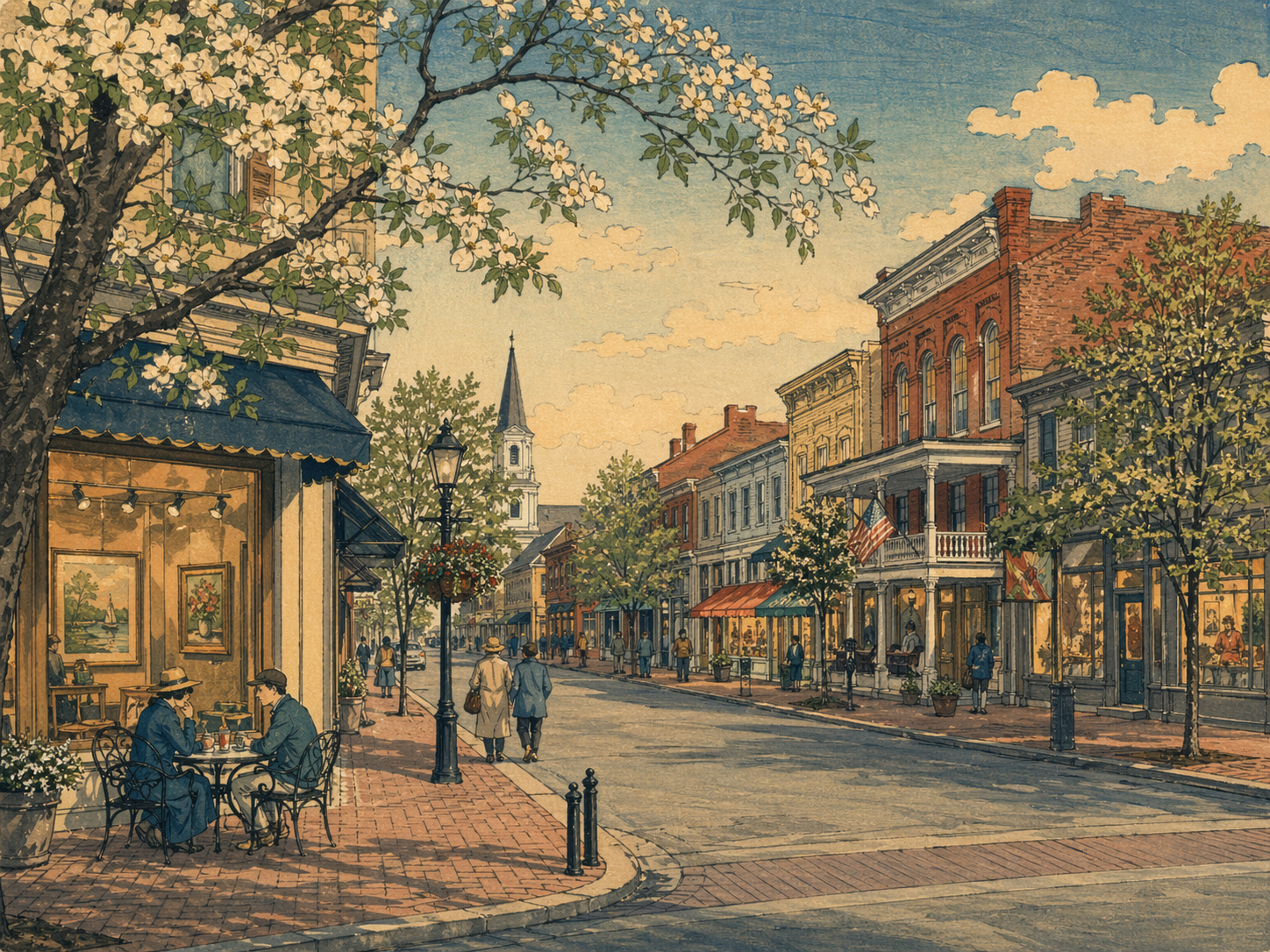 日本木版画風で描かれたイーストンのメインストリート