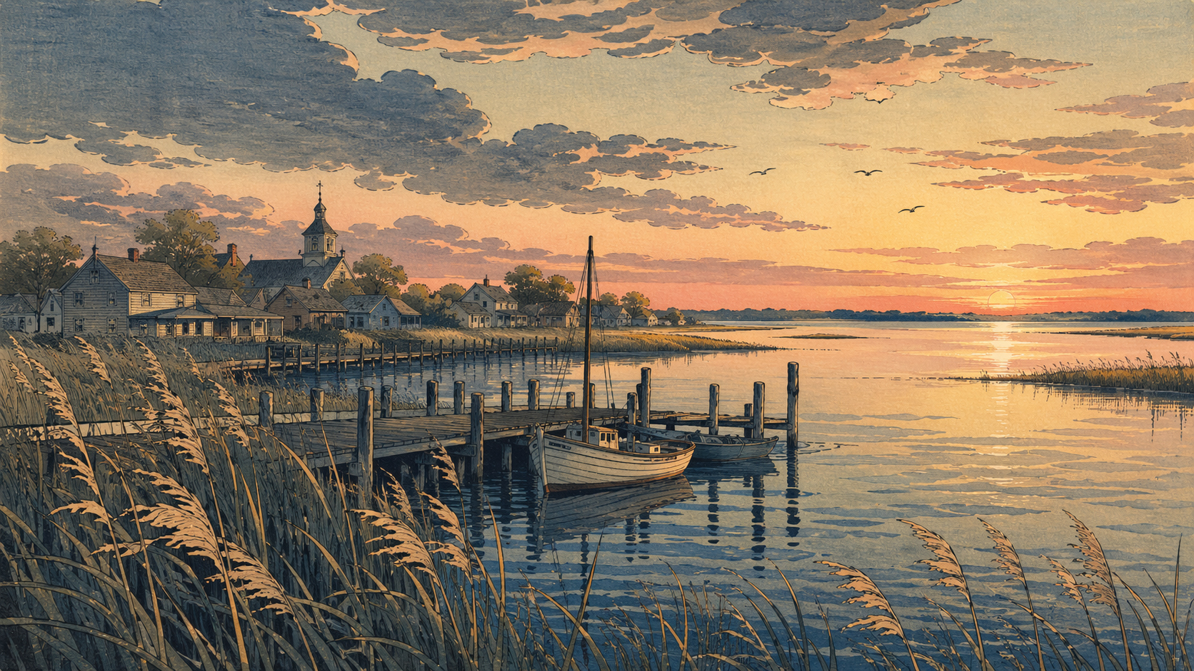 イースタンショア、港町と湿地の夕景