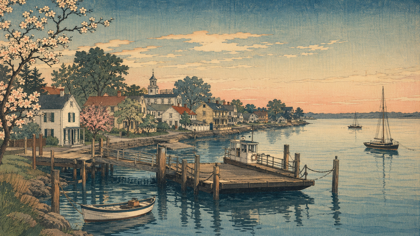 日本木版画風で描かれたオックスフォードの小さな港町