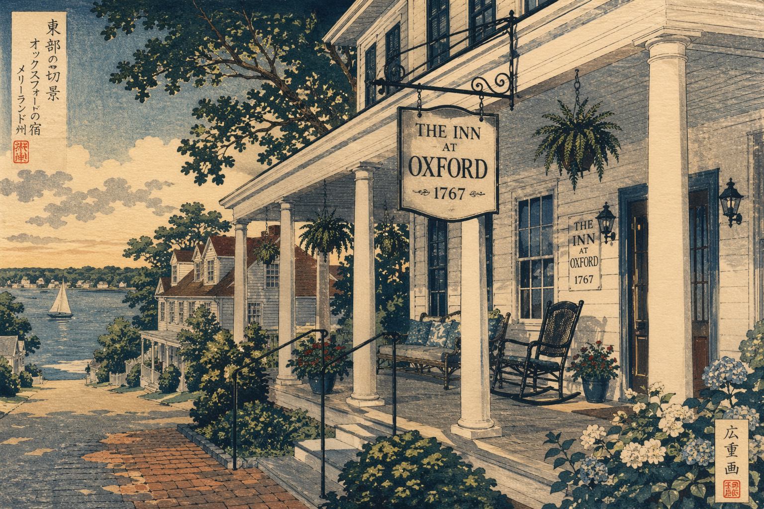 日本木版画風で描かれたオックスフォードの歴史ある宿のポーチ