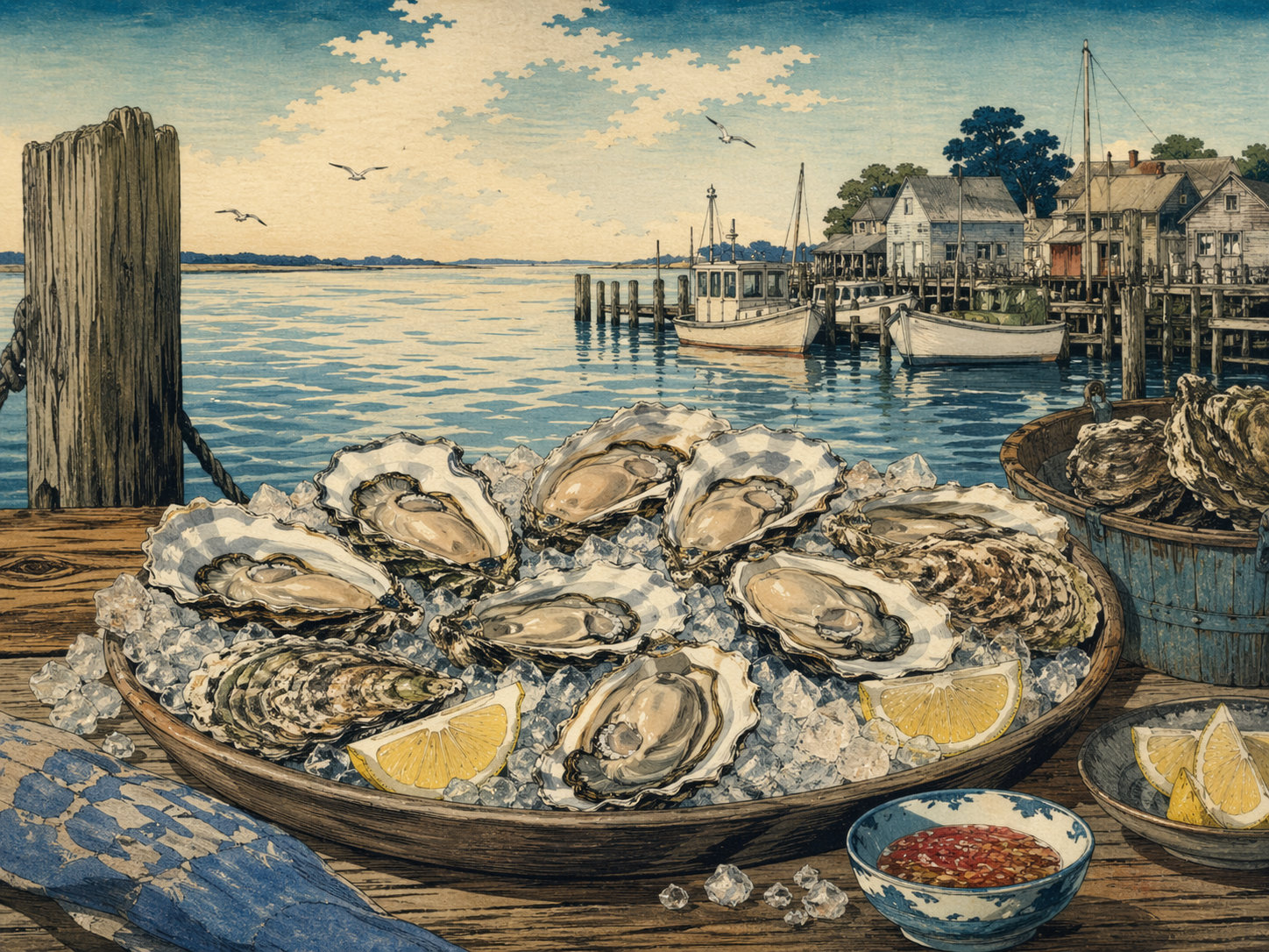 日本木版画風で描かれた水辺の牡蠣の盛り合わせ