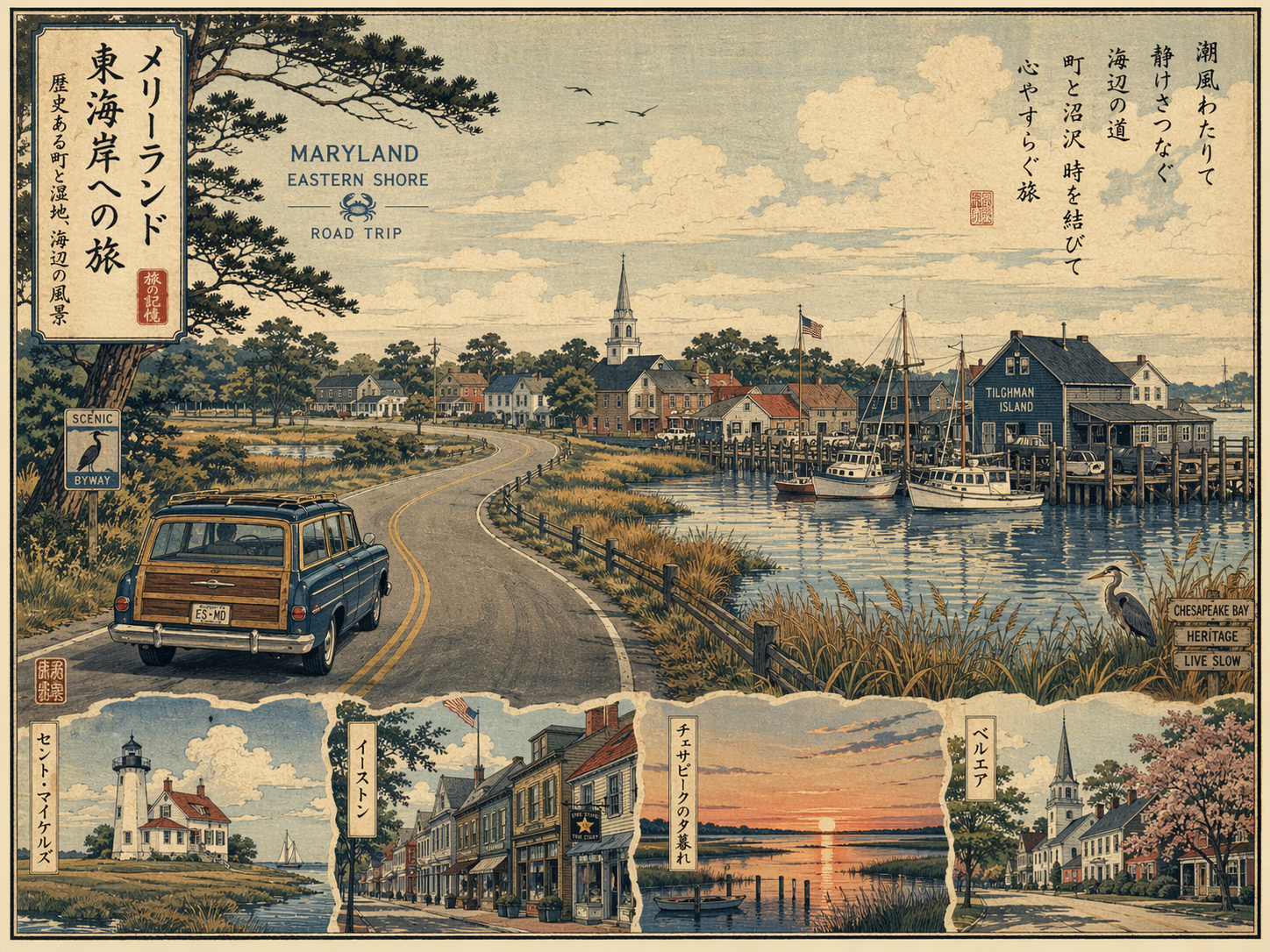 日本木版画風で描かれたイースタンショアの町々をつなぐ水辺の道