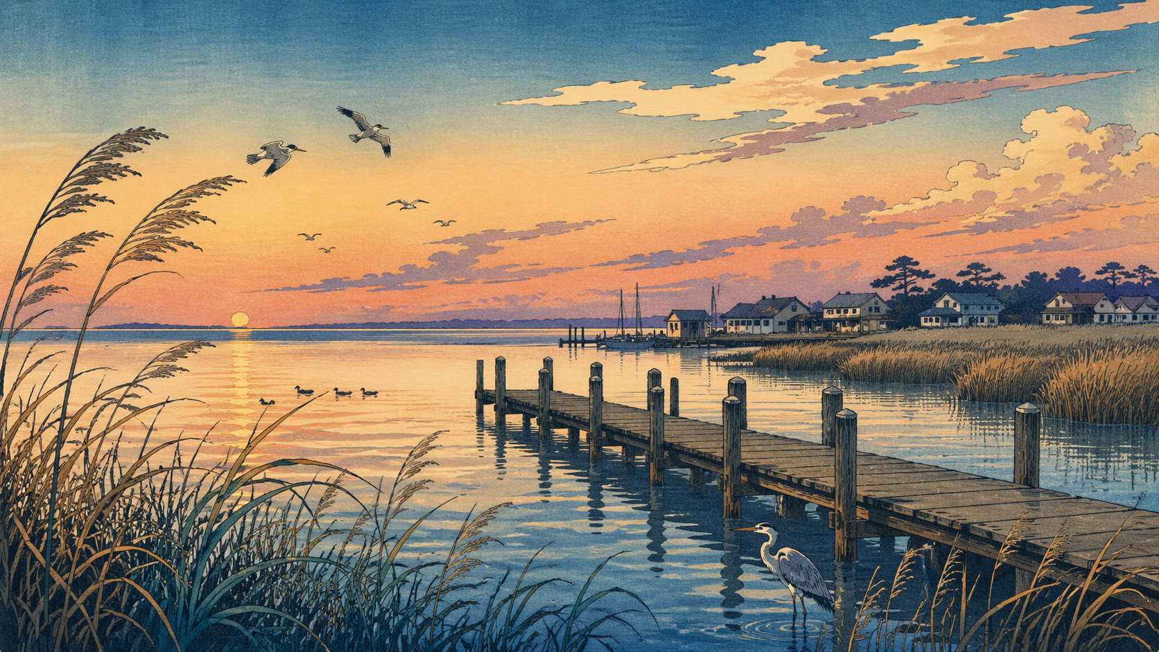 鳥のいる桟橋、夕暮れの湿地