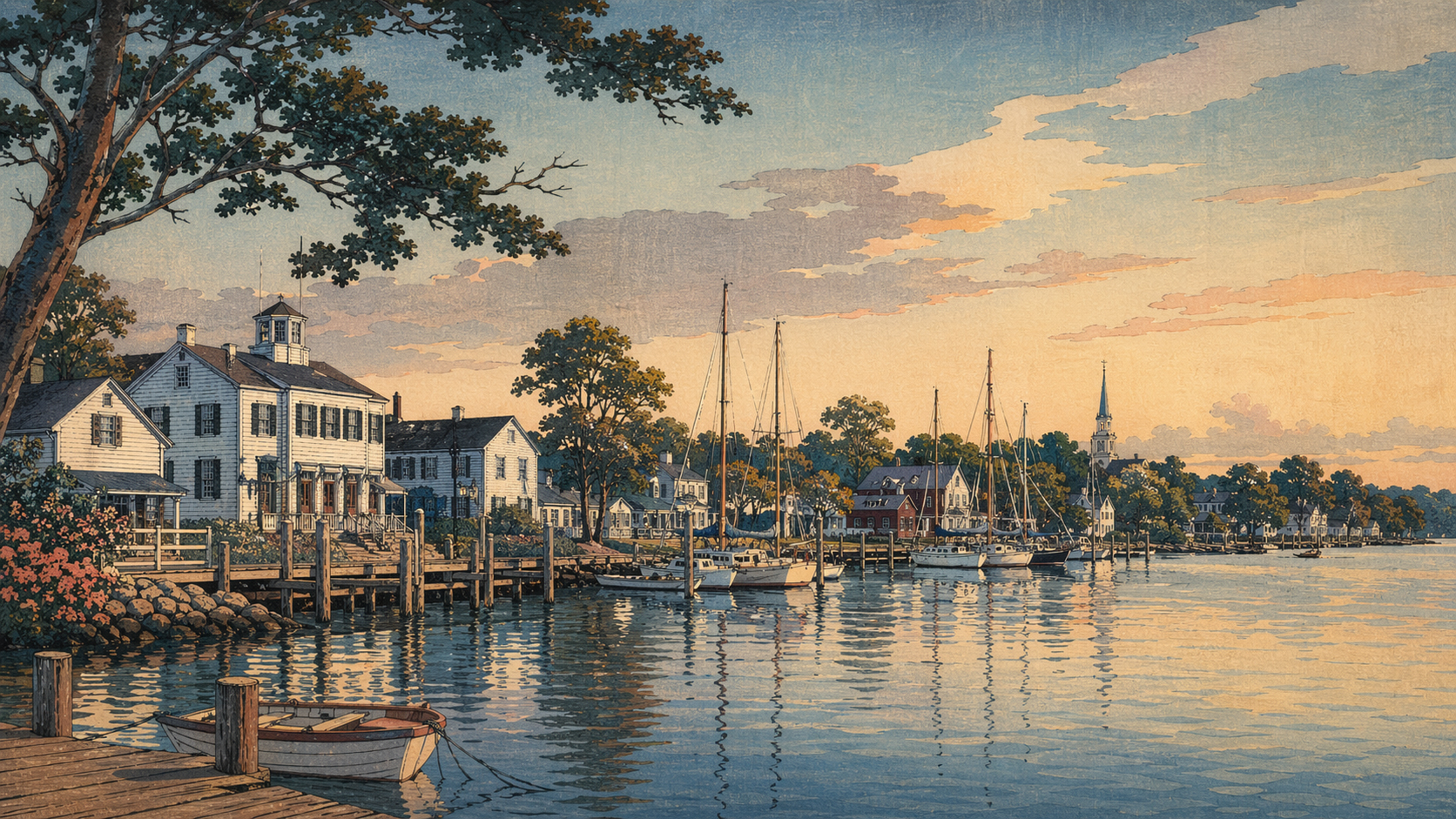 日本木版画風で描かれたセントマイケルズの港と歴史的街並み