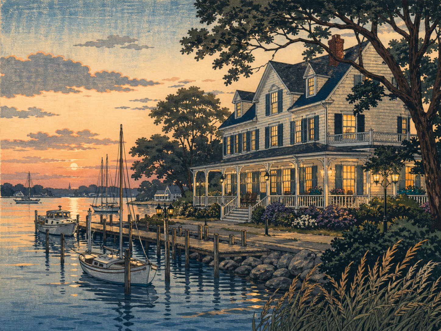 日本木版画風で描かれたセントマイケルズの水辺の歴史ある宿