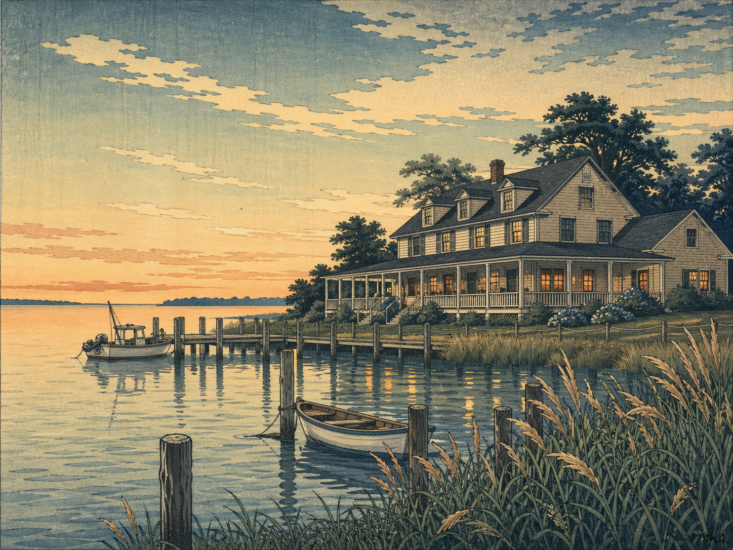 日本木版画風で描かれたティルグマン島の静かなロッジ