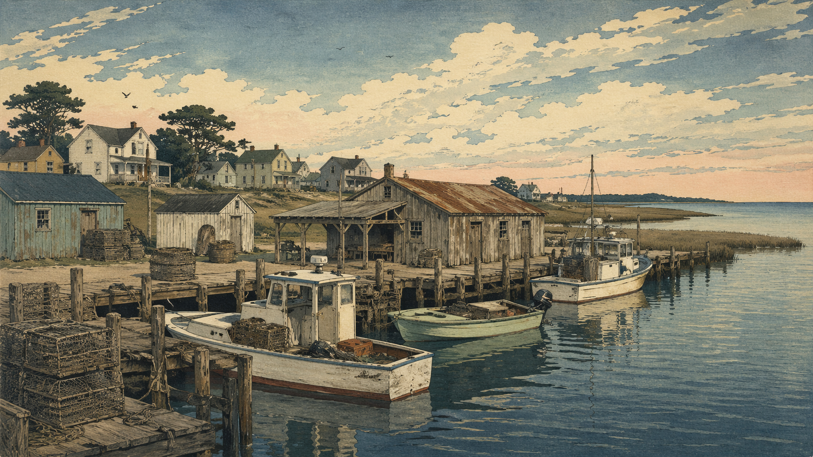 日本木版画風で描かれたティルグマン島の水辺の村