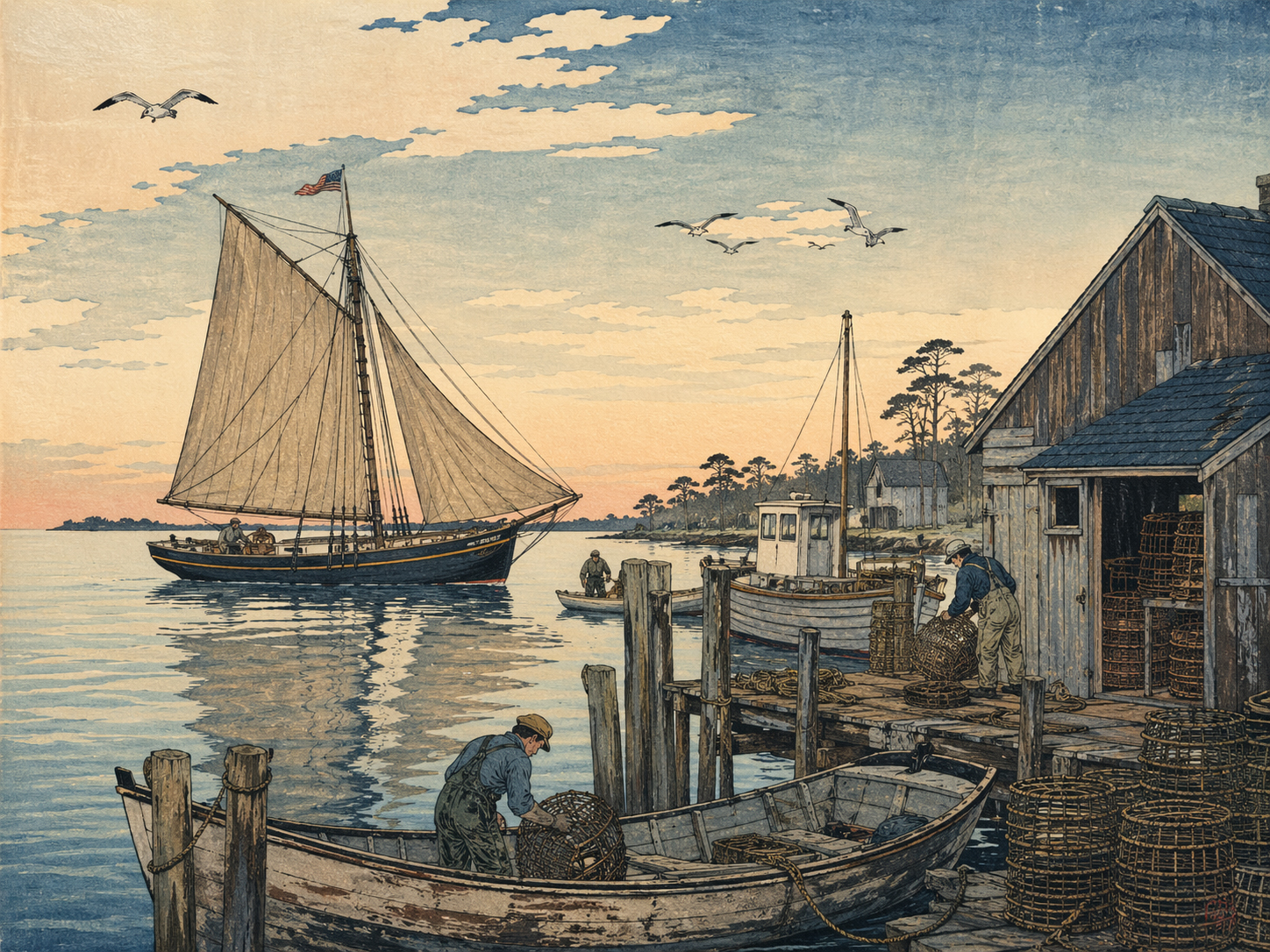 日本木版画風で描かれたスキップジャックと作業船