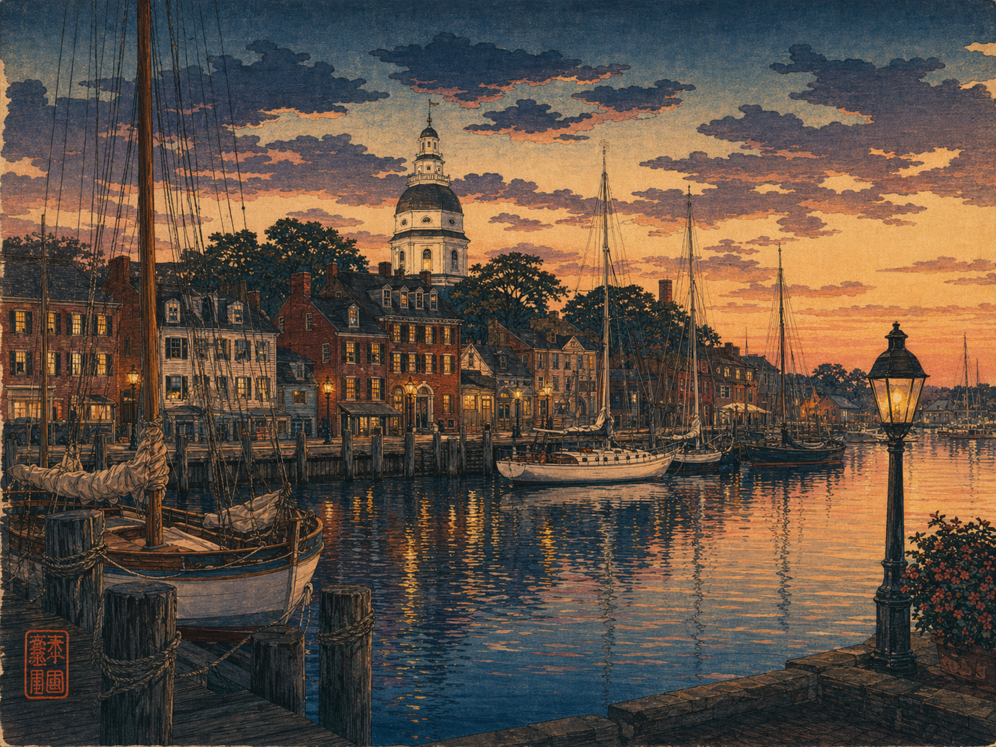 アナポリスのドームと水辺の夕景