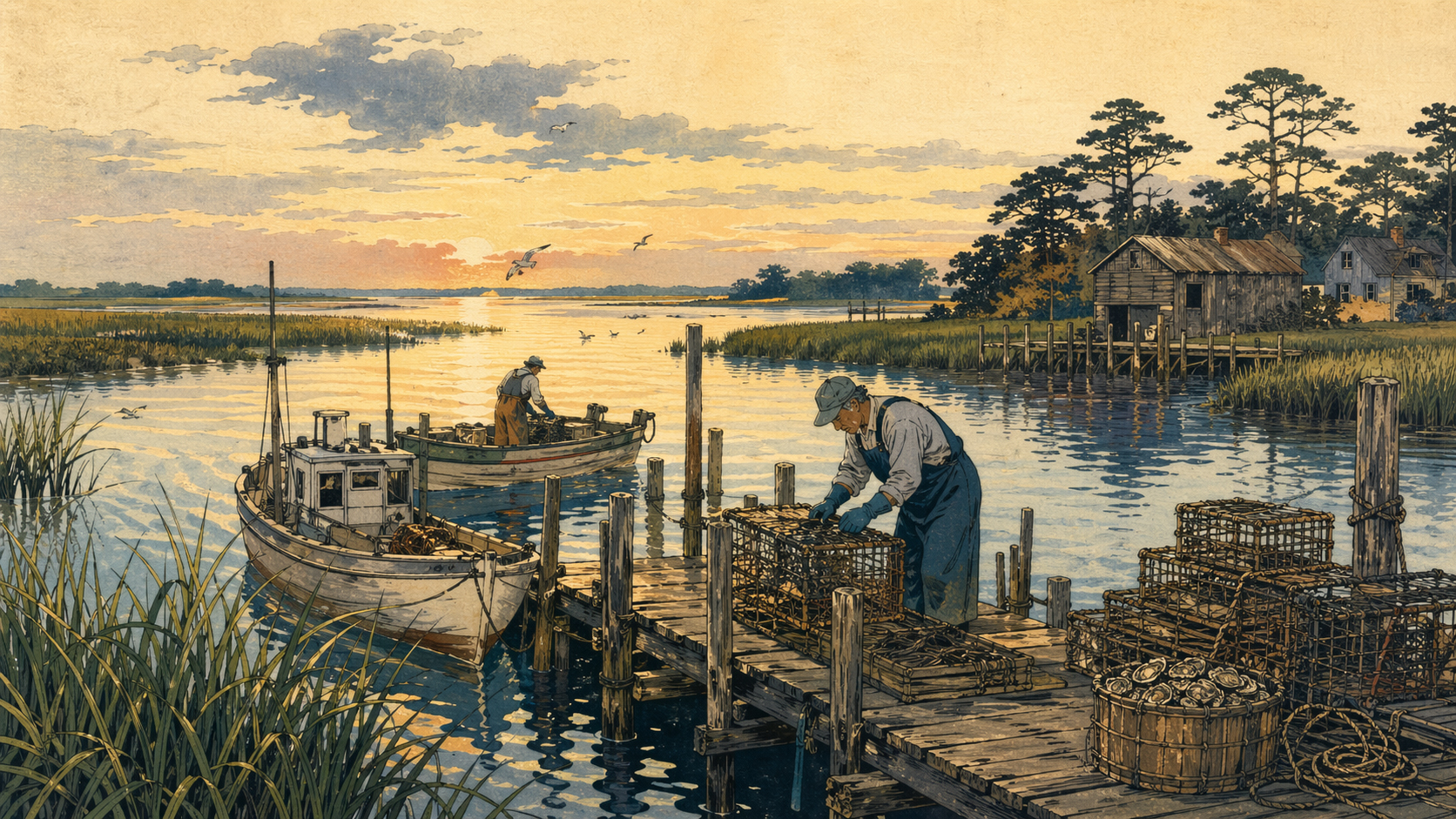 水夫の桟橋、湿地に落ちる光