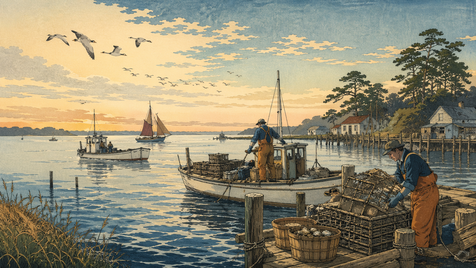 チェサピーク湾、働く船の生活風景