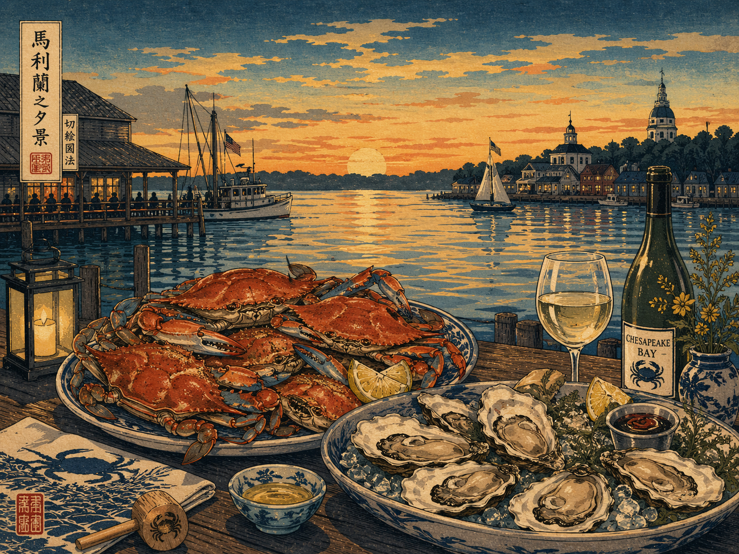 水辺の食卓と蟹と牡蠣