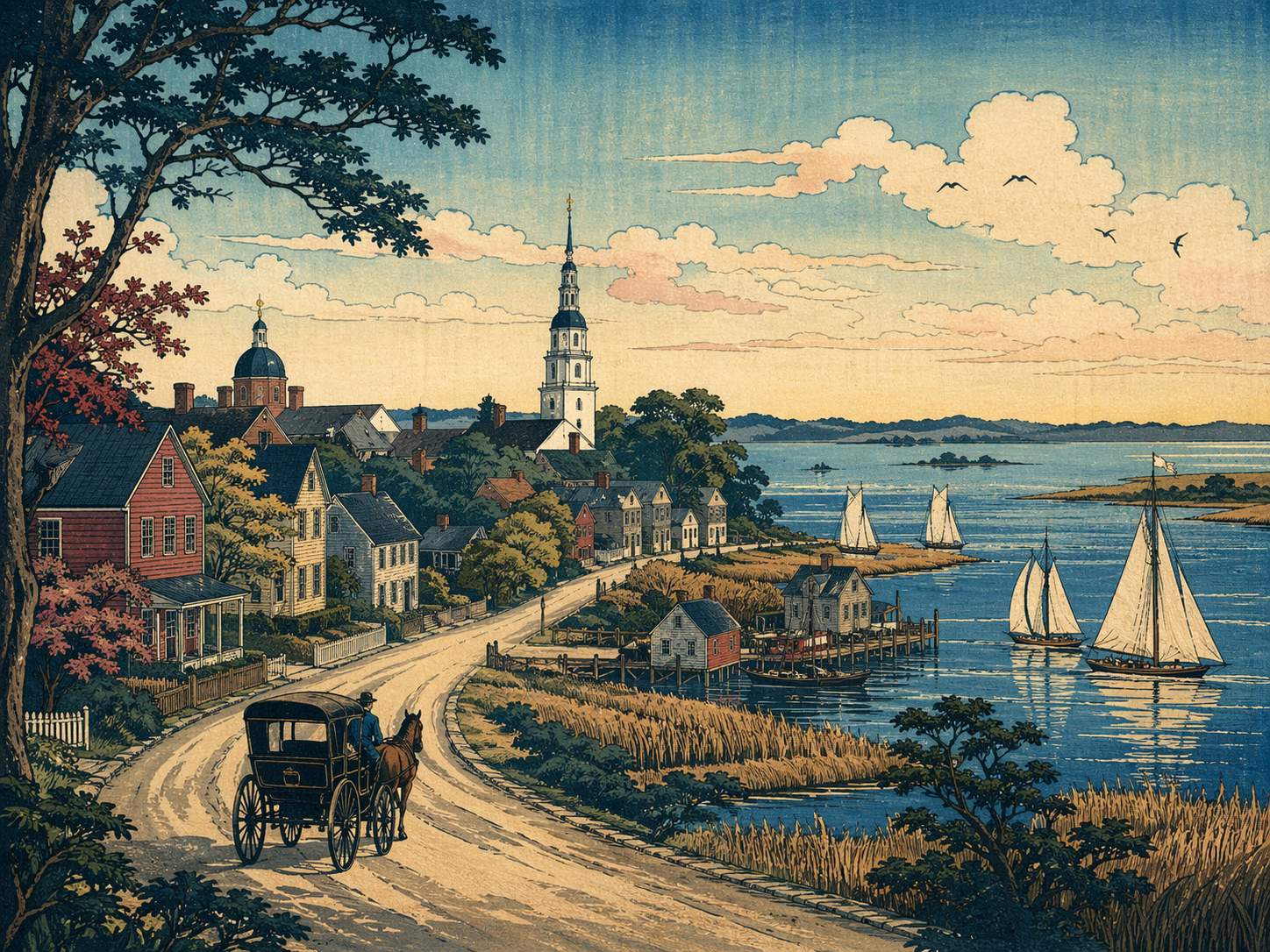 水辺の町へ続く風景道路