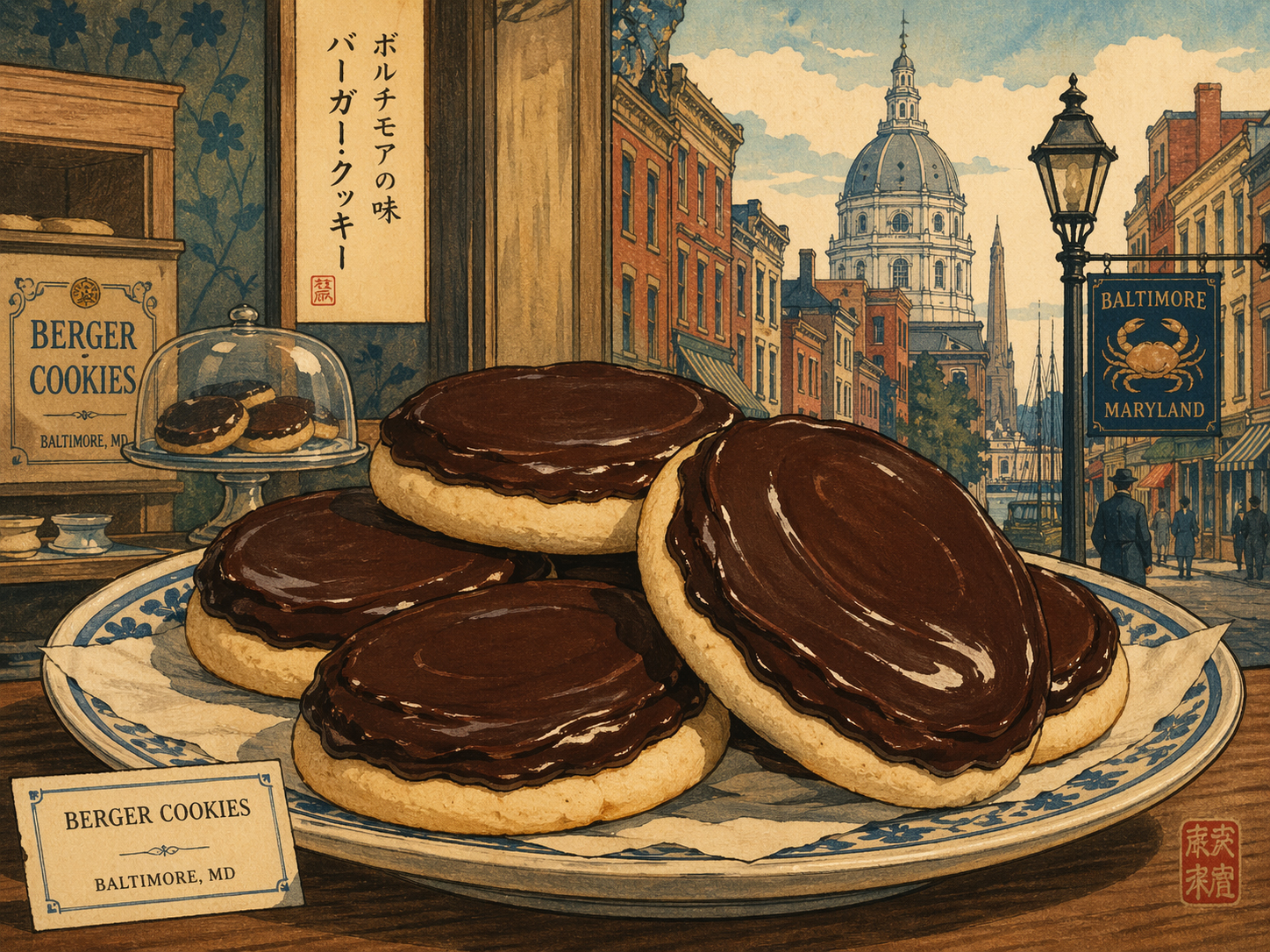 日本木版画風で描かれたバーガークッキー