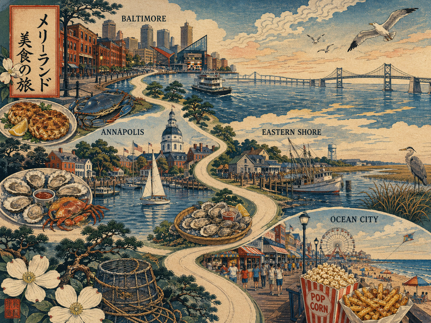 日本木版画風で描かれたメリーランドの食のロードトリップ