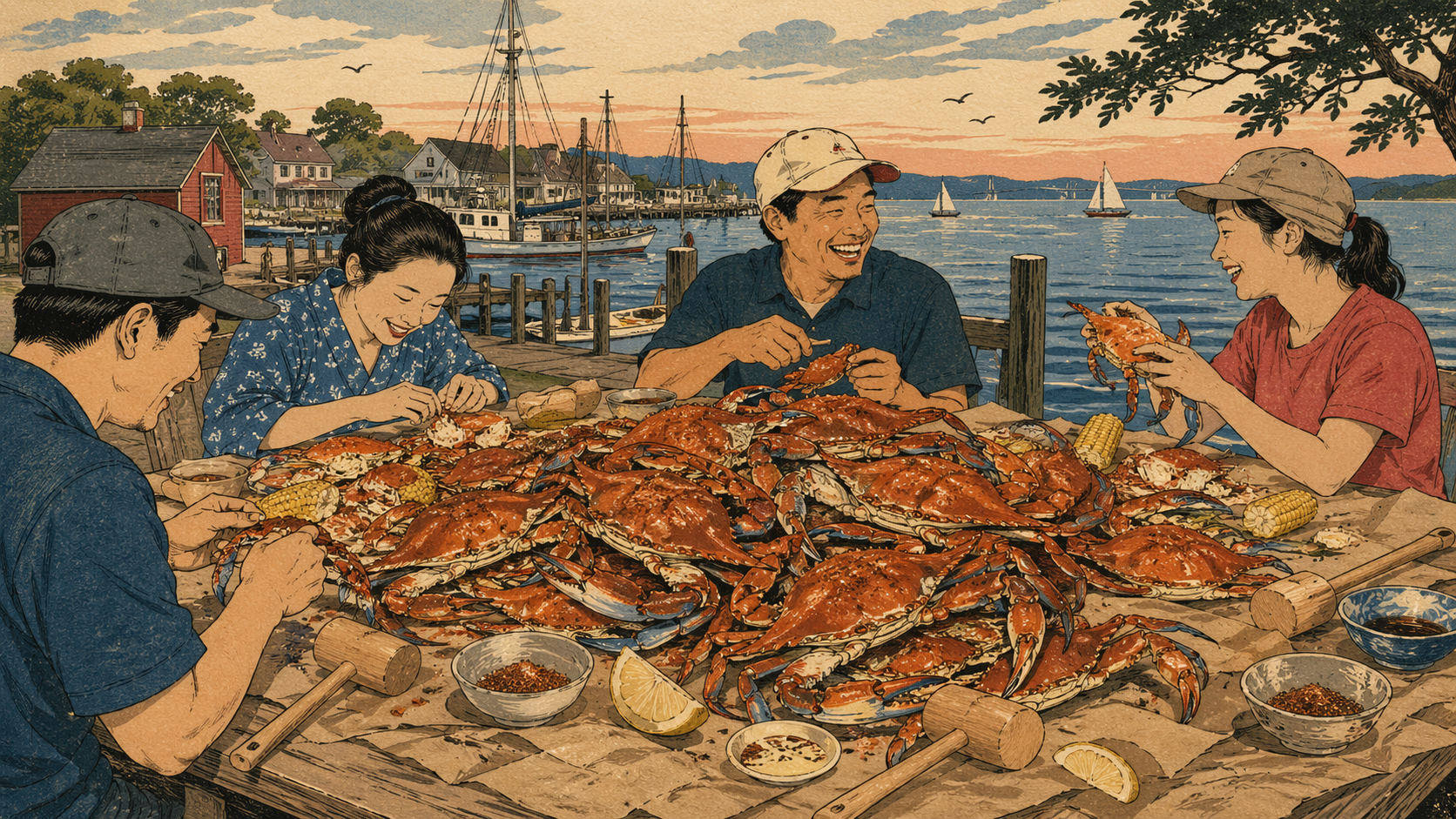 紙を敷いたテーブル、ブルークラブの饗宴