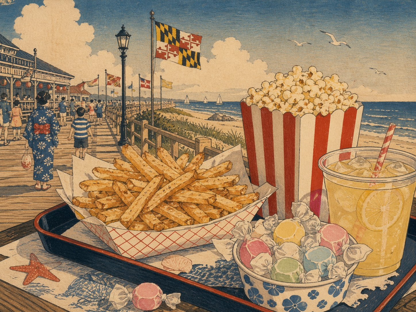 日本木版画風で描かれたボードウォークのフライドポテトとポップコーン