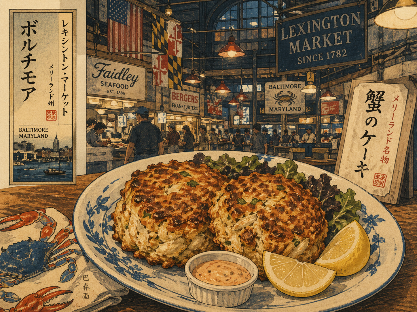 日本木版画風で描かれたクラブケーキ