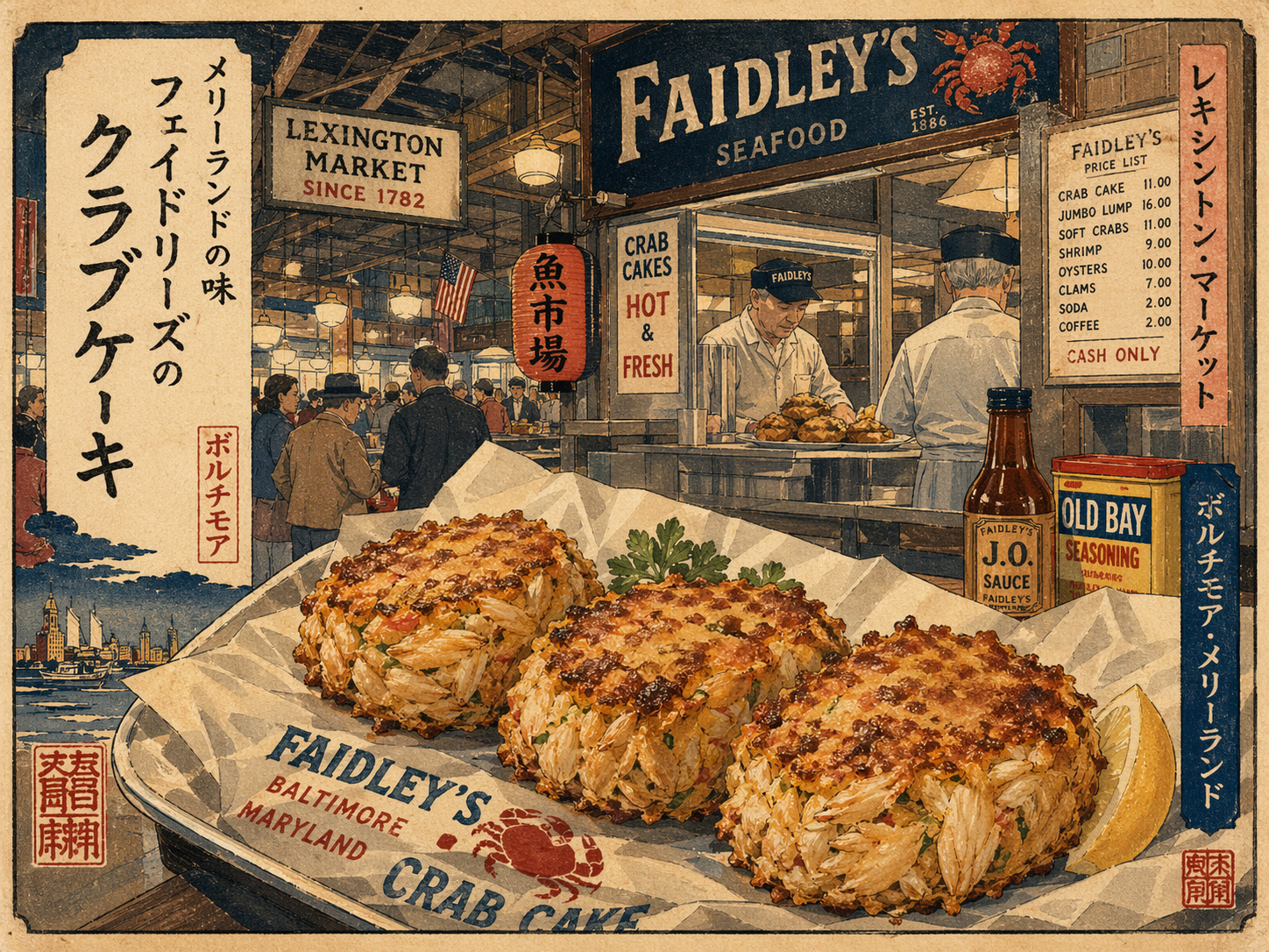 日本木版画風で描かれたレキシントンマーケットのクラブケーキ