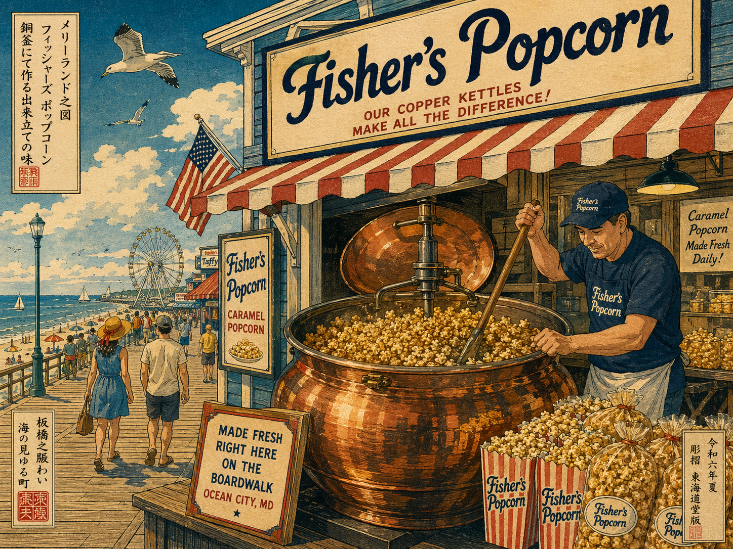 日本木版画風で描かれたフィッシャーズポップコーン