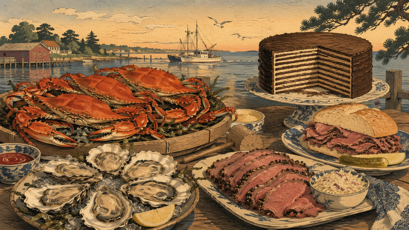 蟹、牡蠣、ピットビーフ、スミスアイランドケーキ