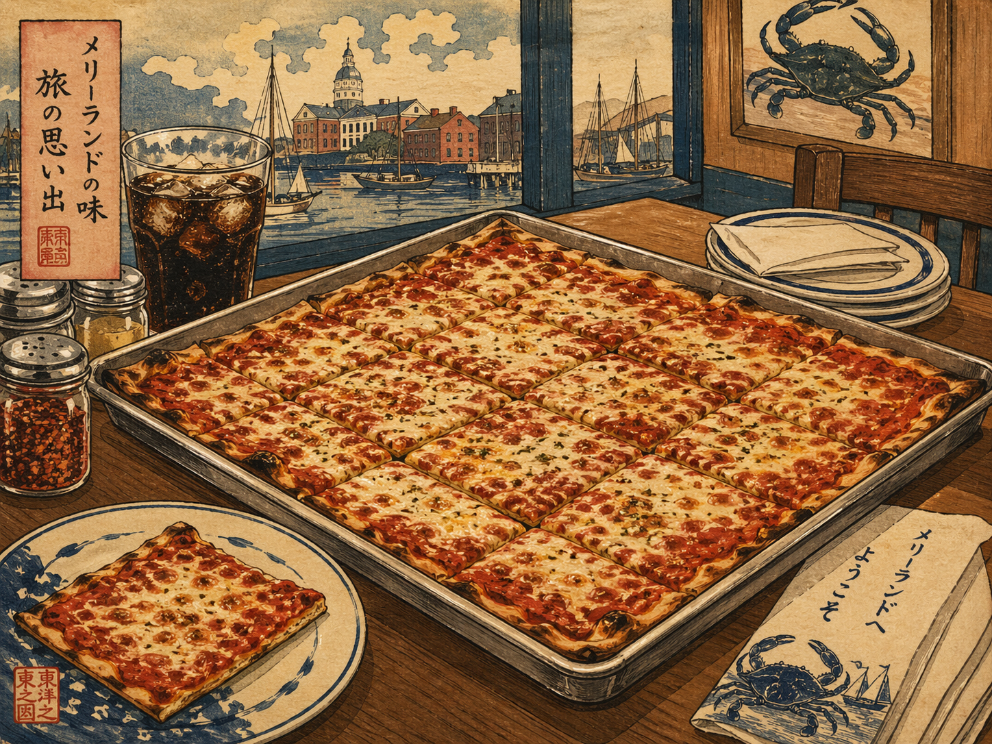 日本木版画風で描かれた四角いレドピザ