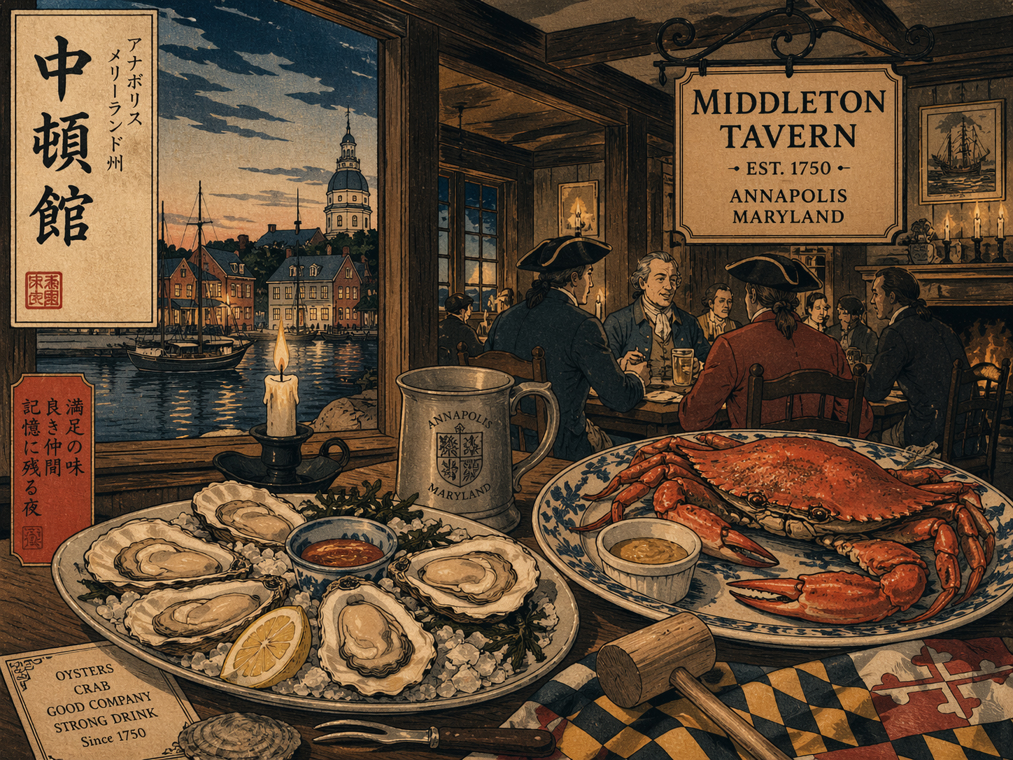 日本木版画風で描かれたアナポリスのタバーン料理