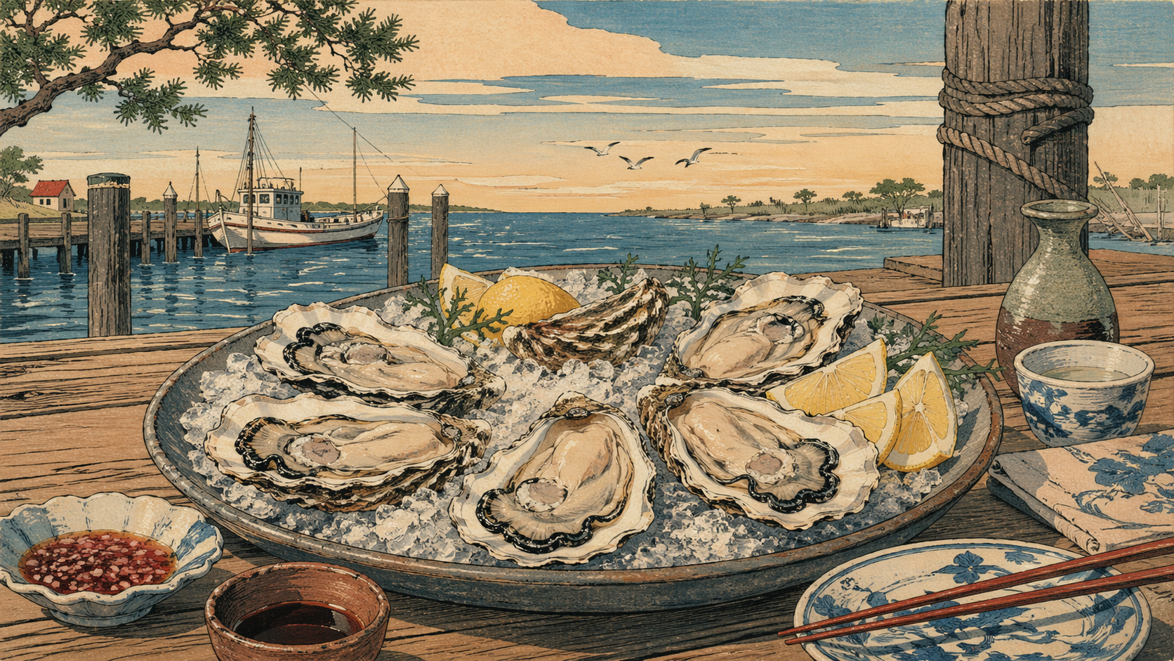 日本木版画風で描かれた水辺の牡蠣