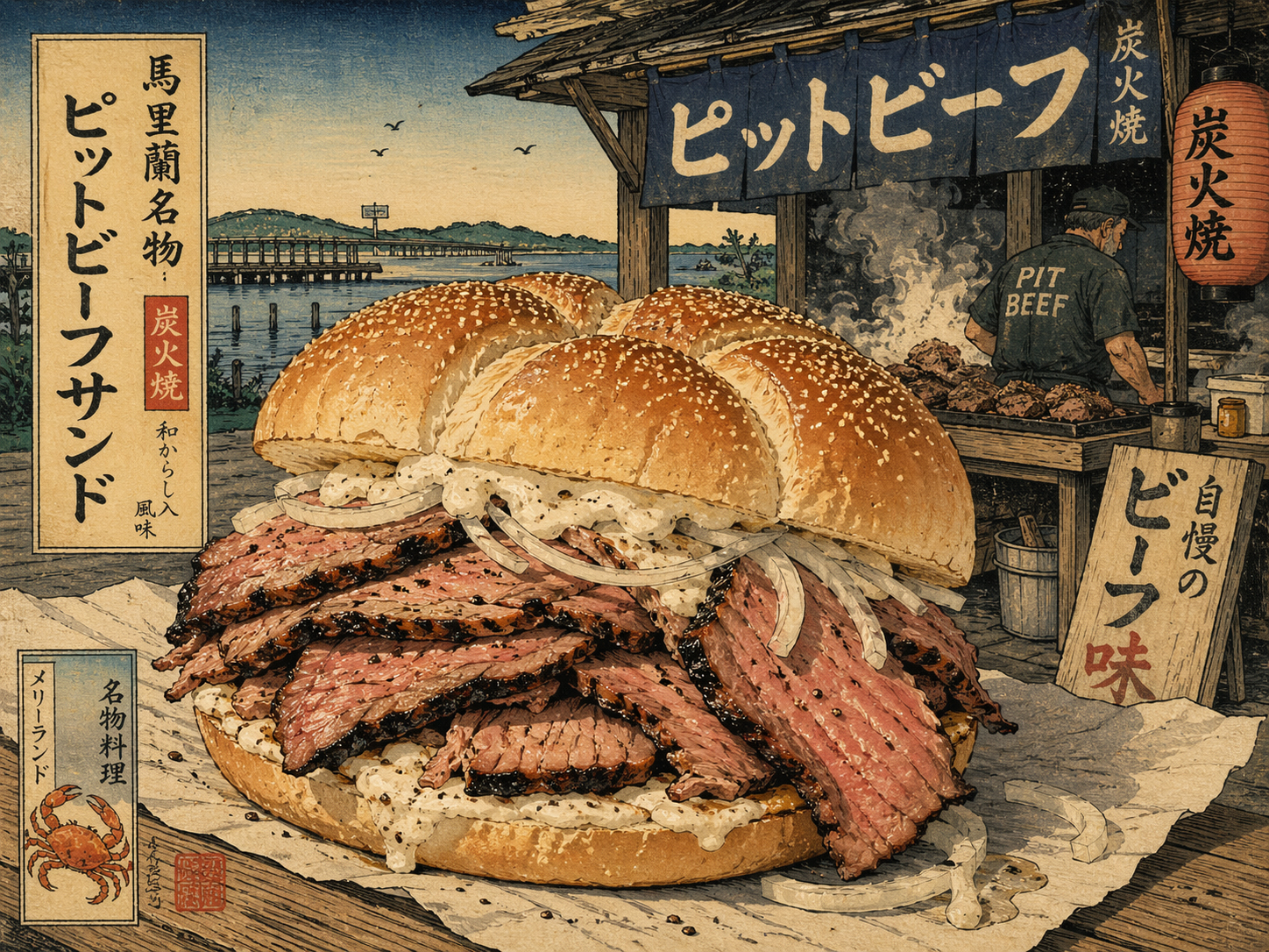 日本木版画風で描かれたピットビーフサンド