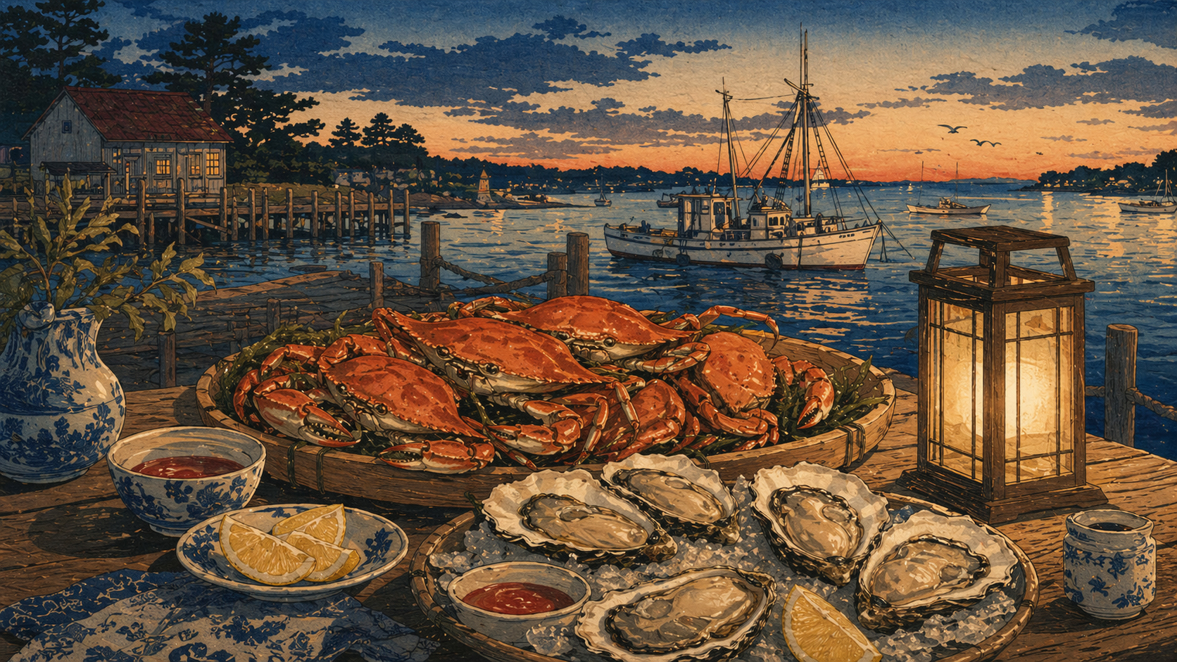 水辺の灯り、蟹と牡蠣の食卓